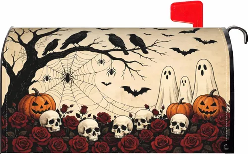 Vista 9 de Halloween Pumpkin Black Cat Mailbox Covers Magnetic Standard Size 18 X 21 Fall Maple leaves Spooky Themed Holiday Decorations Mailbox Wrap Post