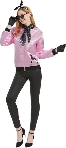 Vista 8 de Chaqueta rosa de los años 50 para mujer, disfraz de grasa para mujeres y niñas, disfraces de los años 50 para mujeres, disfraz de caniche