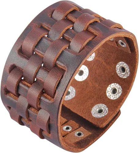 Vista 35 de Jeilwiy Pulseras de cuero punk para hombres, pulseras hechas a mano, brazalete ancho, joyería trenzada, color negro y marrón, ajustable, regalos