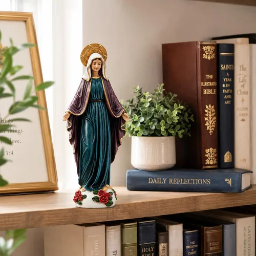Vista 7 de Comfy Hour Mary - Estatua de Virgen María de 9 pulgadas, decoración católica de la Madre Bendita con rosas, escultura religiosa de poliresina