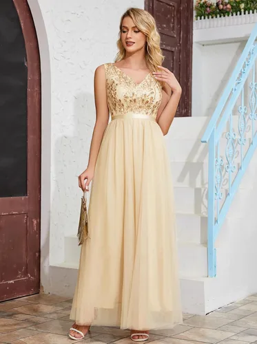 Vista 5 de Tidinesslife Elegante vestido de fiesta de noche con lentejuelas para mujer, vestido formal con cuentas y cuello en V para invitadas de boda