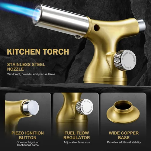 Vista 5 de RAVS Encendedor Antorcha de Butano con Diseño de Cobre Sólido, Encendedor Antorcha de Cocina con Llama Ajustable, Soplete Recargable para Crème