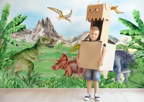 Vista 6 de Murwall Kids Soft Dinosaur Wallpaper Jurassic World Wall Mural Prehistoric Trex Wallpaper