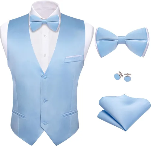 Vista 28 de Barry.Wang Chaleco de traje para hombre, conjunto de corbatín, chaleco A-02-rosa claro