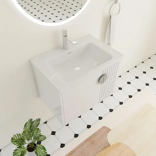 Vista 11 de Mueble de baño de 24 pulgadas con fregadero, tocador flotante de 24 pulgadas con fregadero de cerámica blanca brillante, gabinete de baño de madera