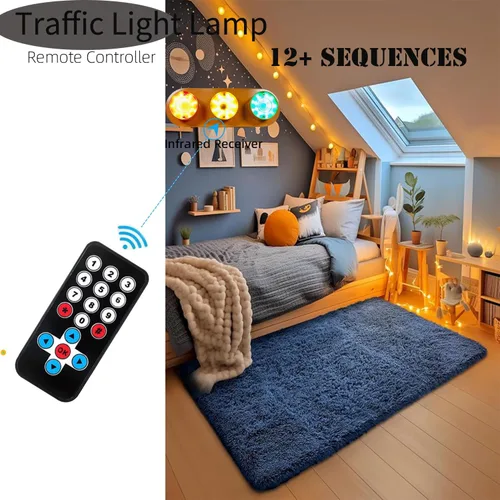 Vista 2 de Lámpara de semáforo con control remoto programable más de 12 secuencias, lámpara de pared de tráfico retro para dormitorio, sala de estar, club, bar