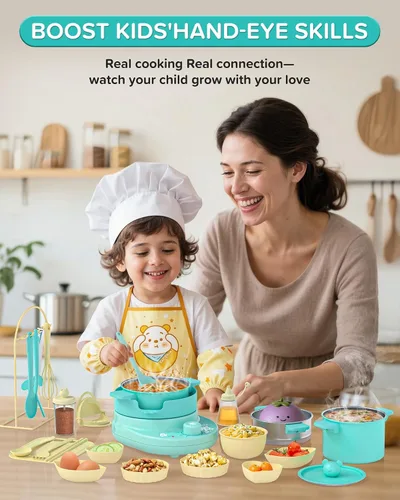 Vista 4 de Juego de Cocina para Niños Real- Seguro Mini Juego de Cocina con Juego de Cuchillos para Niños para Hacer Comida Real, Juego de Cocina Montessori