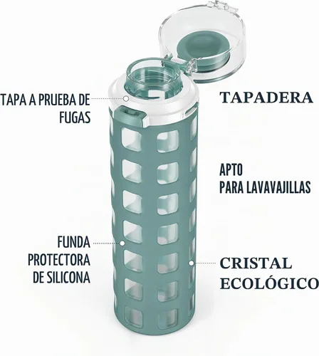 Vista 2 de Ello Syndicate - Botella de agua de vidrio reutilizable de 20 onzas con tapa abatible a prueba de fugas de un solo toque, funda protectora
