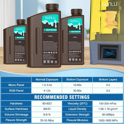Vista 7 de SUNLU - Resina lavable al agua de 1000 g, resina de impresora 3D de curado rápido para impresoras 3D de resina LCD DLP SLA, resina de fotopolímero