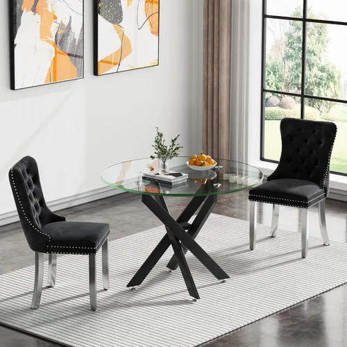 Vista 3 de Mesa de comedor redonda de vidrio de 36 pulgadas para 2-4 personas, patas de metal negro resistentes, mesa de cocina redonda de vidrio
