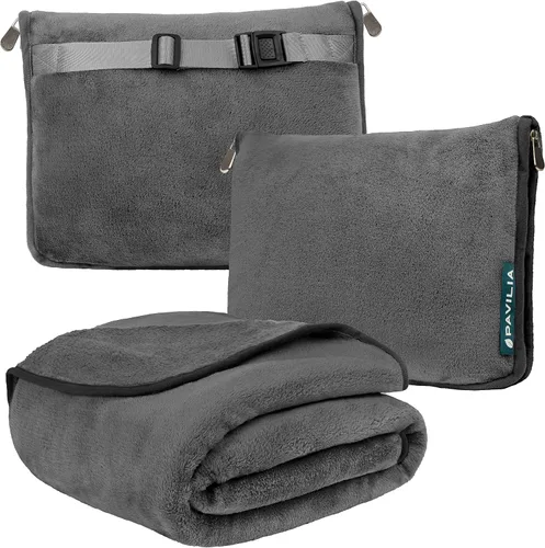 Vista 16 de PAVILIA Almohada Manta de Viaje, Manta Suave de Avión Conjunto Combo 2 en 1, Manta de Avión Compacta Empacable, Esenciales de Vuelo Almohada de Negro