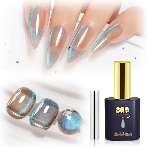 Vista 26 de YTD Likomey - Juego de esmaltes de uñas de gel de ojo de gato, 8 colores con purpurina magnética de cristal, borgoña, rojo, negro, verde, ciruela