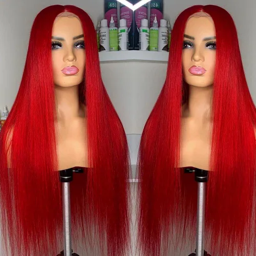 Vista 12 de QD-Tizer Pelucas de cabello sintético con encaje frontal de 13 x 6 pulgadas, sin pegamento, color rojo vino, color burdeos, pelucas de cabello largo
