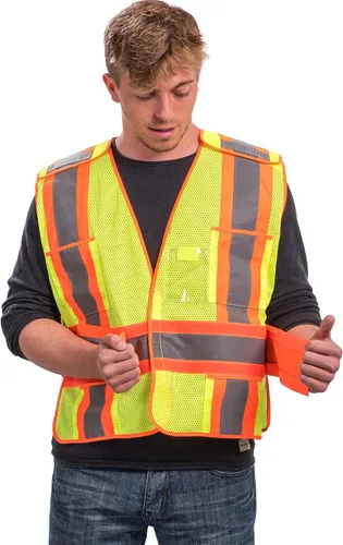 Vista 8 de Chaleco de seguridad de alta visibilidad, chaleco de seguridad ANSI Clase 2 con 5 bolsillos, amarillo con cierre de ajustable, malla transpirable