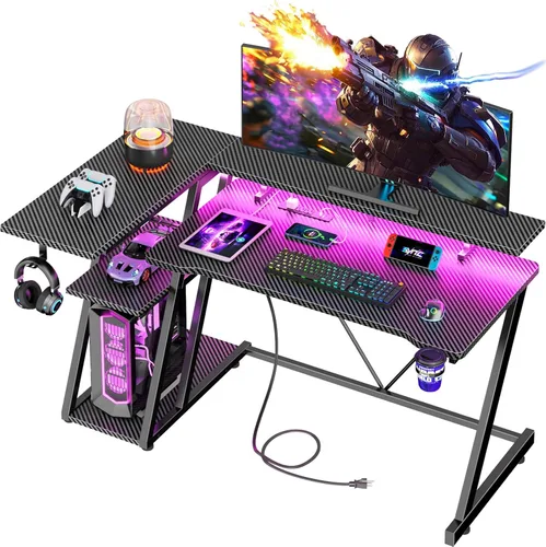 Vista 13 de Korfile Escritorio para juegos de 40 pulgadas con toma de corriente y luces LED, mesa de juegos para computadora en forma de L con estantes