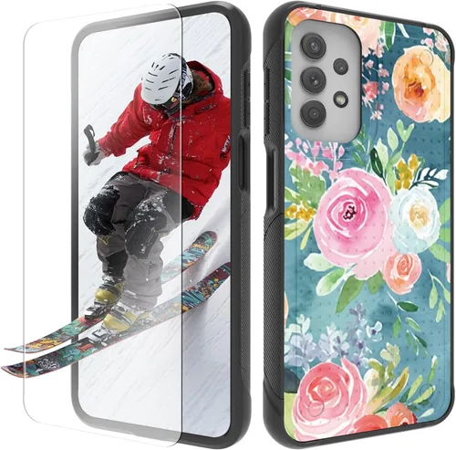 Vista 29 de Funda para Samsung Galaxy A13/A04/A04S/A23/A32 5G con protector de pantalla, parte trasera con textura de policarbonato duro, hermosa flor, diseño