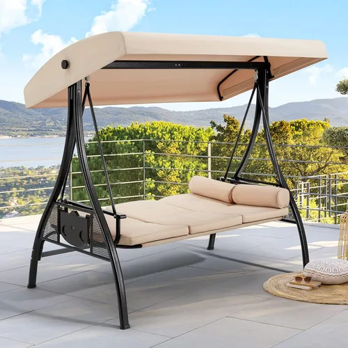 Vista 11 de HOMREST Columpio para porche al aire libre para 3 personas con portavasos mejorado de 1.5 pulgadas, toldo ajustable, respaldo, cama columpio