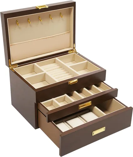 Vista 17 de Wooden Jewelry Box for Women 3-Tier Jewelry Organizer Box Dark Brown