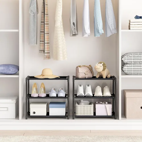 Vista 7 de Autonomier Zapatero de 3 niveles pequeño, estante de zapatos estrecho apilable para niños, niños pequeños y adultos, organizador de almacenamiento