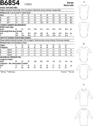 Vista 2 de Butterick Misses' Top/Tunic, Code B6854 - Kit de patrones de costura, tallas 8-10-12-14-16, multicolor