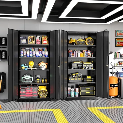 Vista 2 de Greenvelly Armario de almacenamiento de metal con cerradura, gabinete de garaje de metal de 71 pulgadas con 2 puertas y 4 estantes ajustables
