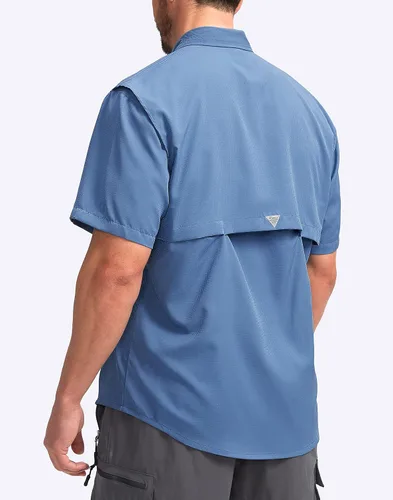 Vista 3 de Pudolla Camisas de pesca para hombre, camisas de trabajo de viaje de manga corta, camisas de verano con botones para hombres UPF50+ con bolsillos