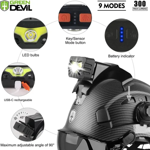 Vista 4 de Casco de seguridad con visera GREEN DEVIL con orejeras Bluetooth y faro 5 en 1 Protección completa Cascos de Construcción con ventilación Hardhat