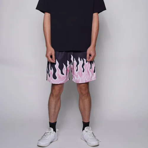 Vista 3 de BOOMLEMON Pantalones cortos de baloncesto para hombre, pantalones cortos deportivos de entrenamiento casual con estampado gráfico de llama de malla