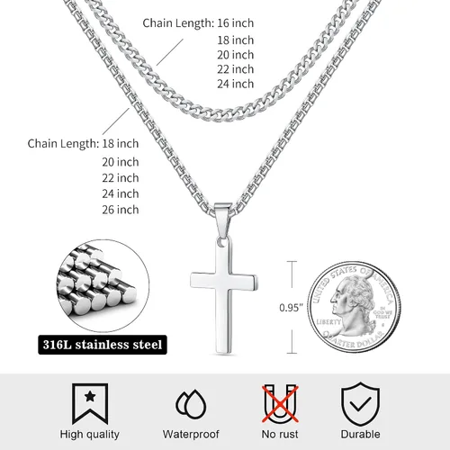 Vista 5 de LUXEJEW Collar de cruz de acero inoxidable para hombres y niños, cadena de eslabones cubanos de plata dorada y negra, cadena de cadena con colgante
