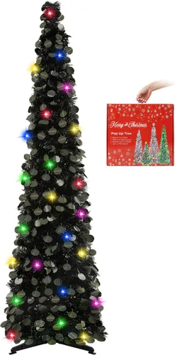 Vista 20 de MACTING Árbol de Navidad desplegable con 50 luces LED con temporizador, 5 pies, árbol de lápiz de oropel plegable de fácil montaje, árbol artificial