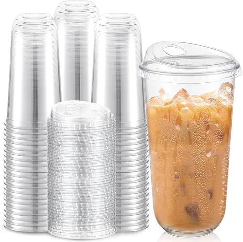 Vista 20 de Baderke 100 vasos de plástico con tapas para sorber, fondo redondo, vasos de café de plástico desechables con tapas, tazas de cristal transparentes