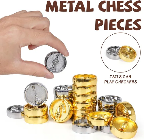 Vista 2 de Juego de ajedrez y damas de metal 2 en 1 para adultos y niños - Juegos de ajedrez de viaje de lujo de madera plegable con almacenamiento - Juego