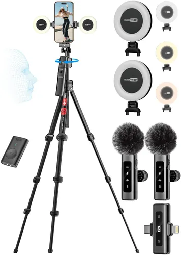 Vista 9 de USKEYVISION Kit de vlogging mejorado con micrófono de solapa inalámbrico, kit de YouTube para iPhone y teléfono inteligente con trípode retráctil