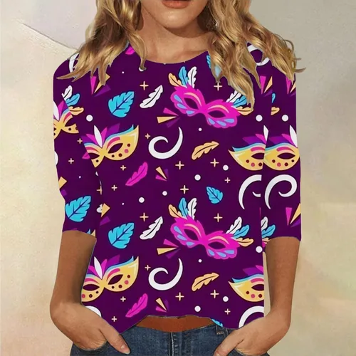 Vista 2 de Mensch 2024 Women Carnival Print Pullover, Carnival Mask Graphic Tees, 34 Sleeve Parade Tshirt Carnival Themed Outfit