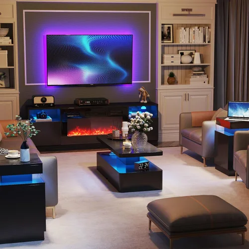 Vista 4 de oneinmil Mesa de centro LED moderna, mesas de sala de estar de 40 pulgadas con luces LED de 16 colores, diseño de doble capa, elegantes mesas