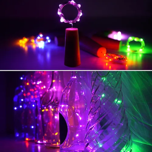 Vista 7 de Luces para botella de vino con corcho, paquete de 6 unidades, funciona con pilas, 15 luces LED en forma de corcho, alambre plateado, miniluces