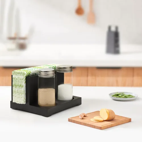 Vista 4 de AKKO Servilletero rústico con salero y pimentero, servilletero de madera para mesa con 2 botellas de especias, perfecto para mesa de comedor