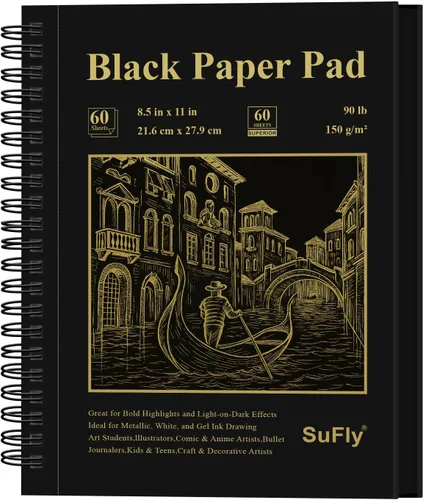 Vista 22 de Cuaderno de bocenas de papel negro SuFly 5.5 x 8.5, 60 hojas (90lb/150gsm) Papeles de artista para dibujo Papel negro para lápices