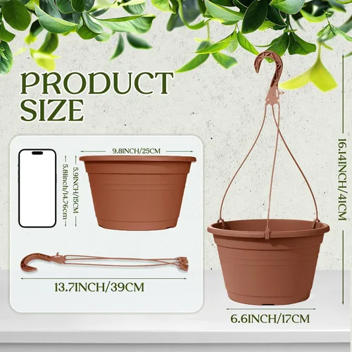 Vista 2 de 4 Piezas Macetas Colgantes para Plantas de Interior, 10" Macetas Grandes de Plástico Colgantes con Bandejas de Drenaje y Soporte de Cadena
