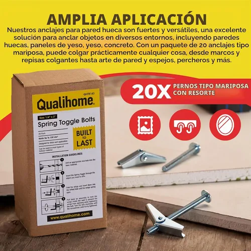 Vista 5 de QUALIHOME Anclajes de perno de resorte – Anclajes de pared resistentes para colgar artículos con paredes huecas y más – Anclaje de pared hueco