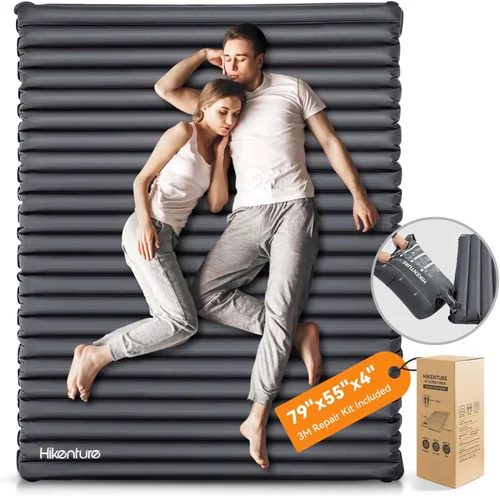Vista 10 de Hikenture Colchoneta de dormir doble para campamento, colchón de campamento extra grueso de 4 pulgadas para 2 personas, colchoneta inflable