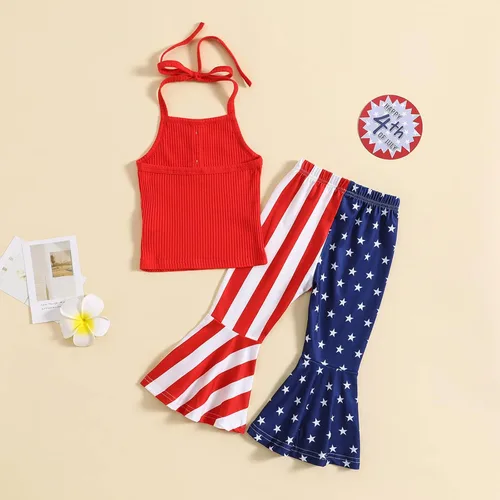 Vista 3 de Noubeau Traje de 4 de julio para niña pequeña, camiseta de manga corta, pantalones de campana con bandera americana, ropa de verano