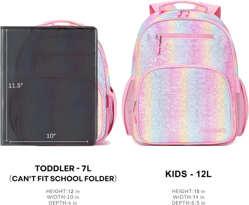 Vista 5 de mibasies Mochila para niñas y niños, ideal para niños y niñas, mochila para preescolar jardín de infantes y primaria, Glitter Rainbow, Niños-15"H