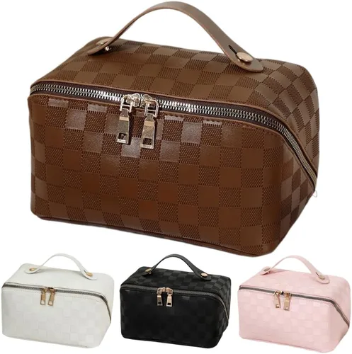 Vista 16 de Bolsas de maquillaje a cuadros de gran capacidad, bolsas de cosméticos portátiles de viaje, bolsa de aseo abierta y plana para mujeres y niñas