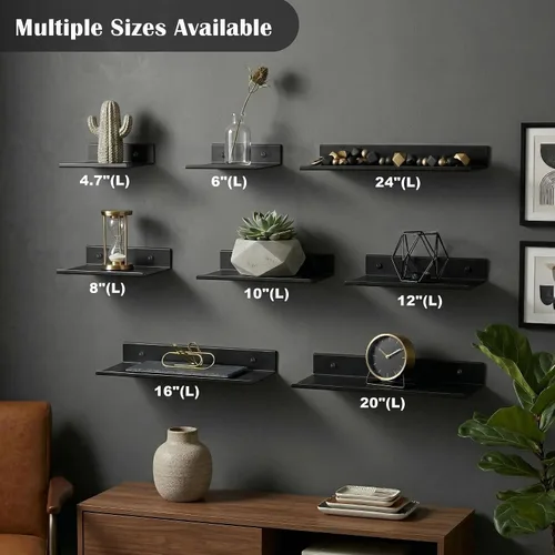 Vista 7 de Z metnal Estantes flotantes pequeños, mini estante de metal para pared, aluminio, montado en la pared y sin taladro, negro, 4.7 pulgadas, paquete