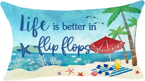 Vista 3 de ITFRO Juego de 2 fundas de cojín lumbar de lino y algodón con diseño de Hello Summer Life is Better in Hip Hops, sandía y océano, para decoración