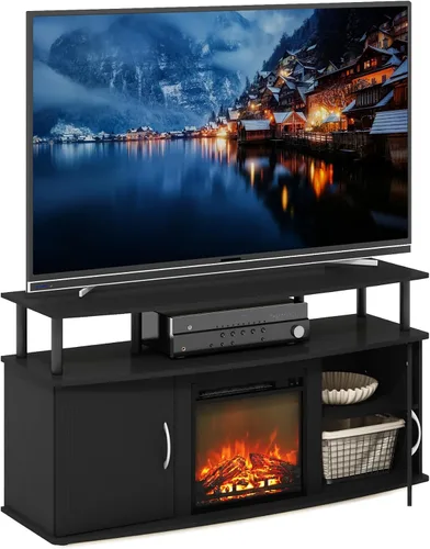Vista 30 de Furinno Soporte clásico de TV de 70 pulgadas con chimenea, americano