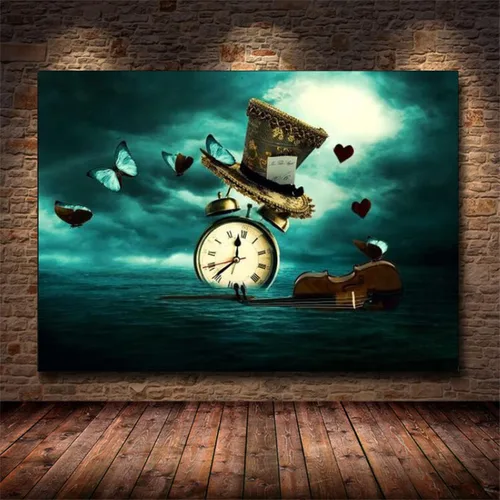 Vista 2 de Reloj Violín Mariposa Sombrero Salvador Dalí Surrealismo Creativo Retro Lienzo Pintura Impresiones Arte de Pared Cuadros Decoración del Hogar