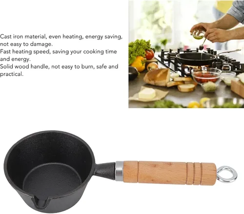 Vista 7 de Mini sartén antiadherente, mini sartén de hierro fundido, mango de madera maciza, mini sartén presazonada para cocinar en interiores y exteriores