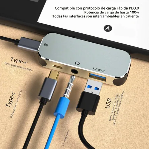 Vista 3 de Hub tipo C, 5 en 1 tipo C a PD, tipo C, USB3.1, AUX de 0.138 in, adaptador de concentrador USB C USB2.0 para Android para OS X